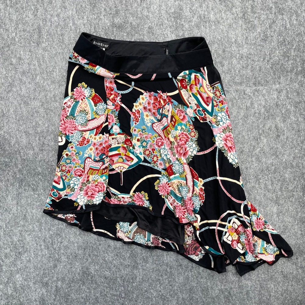 Bebe Skirt Womens Medium Black Floral Fan Asymmetrical High Low Vintage Y2K